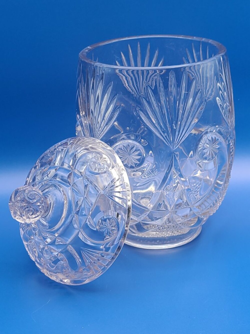 Antique EAPG Crystal Glass Crescent Fan Biscuit Jar Manganese Glow 9.5" - Picture 6 of 11